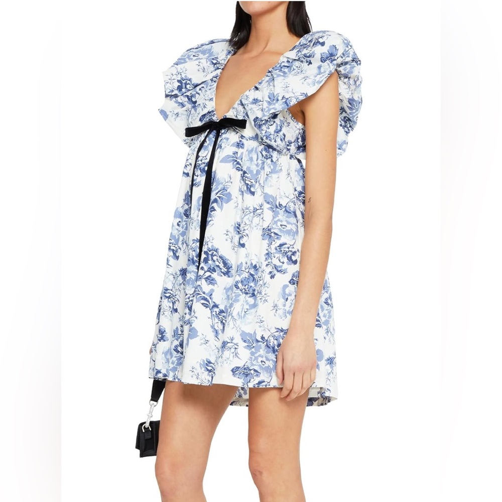 Women Floral Print Mini Dress V Neck Puff Sleeve Dress Short Babydoll Bow Dress